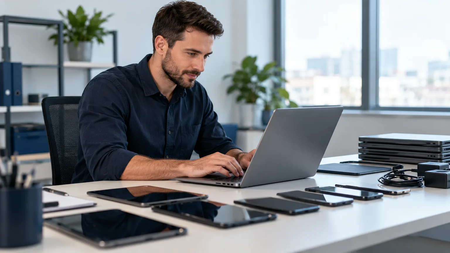 Illustrative scene: an IT technician configuring a business laptop beside several neatly organized devices on a clean desk.