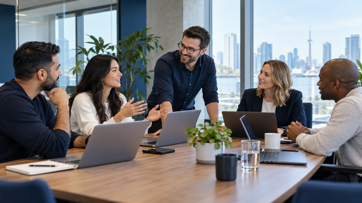 Illustration of business colleagues collaborating around a table