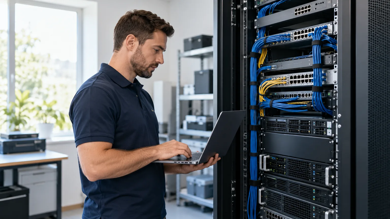 Illustrative scene: an IT specialist checking an organized server rack in a clean small-business equipment room.