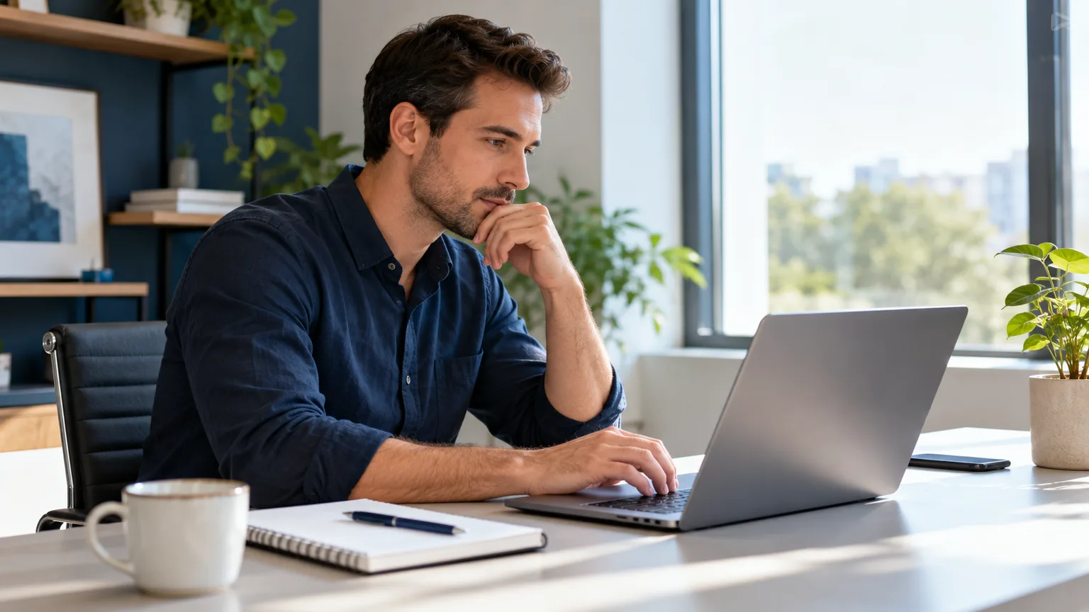 Illustrative scene: a small-business buyer comparing technology services on a laptop at a bright office desk, tidy notebook nearby.